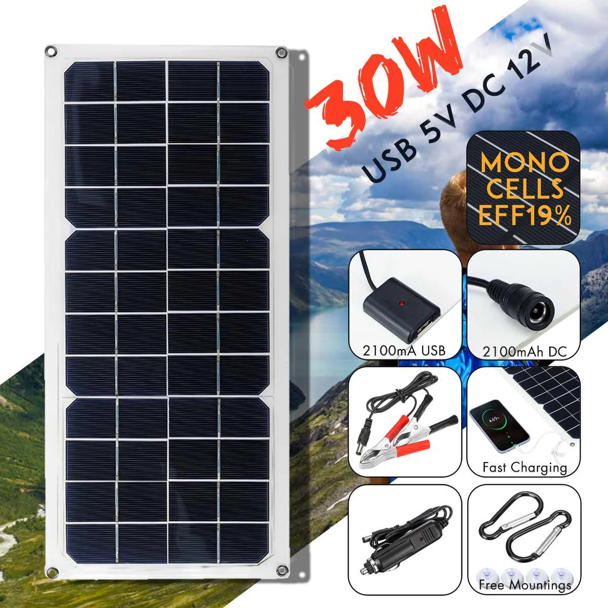 30W 12V/5V Solarpanel Solarmodul Solar Lladegerät 10A Controller Auto Camping 