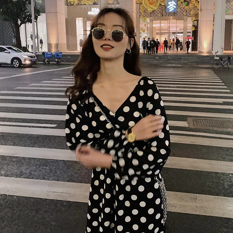 

New Style Simple Printed Polka Dot Mid-length Dress Waist Hugging V-neck Mid-length Long Sleeve Skirt