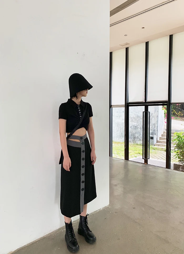 [DEAT] Knited Multi-buckle Hit Color High Elastic Waist Half-body Skirt Women Fashion Tide New Spring Summer 2020 13T204
