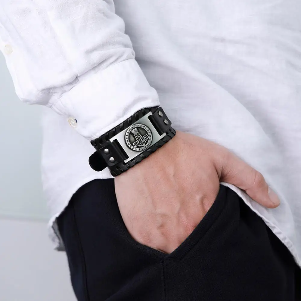 Skyrim Thor Hammer Genuine Leather Bracelets Men Holy Patron 24 Nordic Runes Amulet Button Snap Slavic Bracelet Bangle bangle bracelet leather bracelet leather bracelets