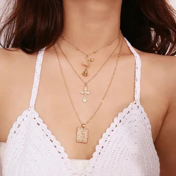 

United States cross-border accessories retro stereo rose sautoir female personality multilayer geometric cross necklace