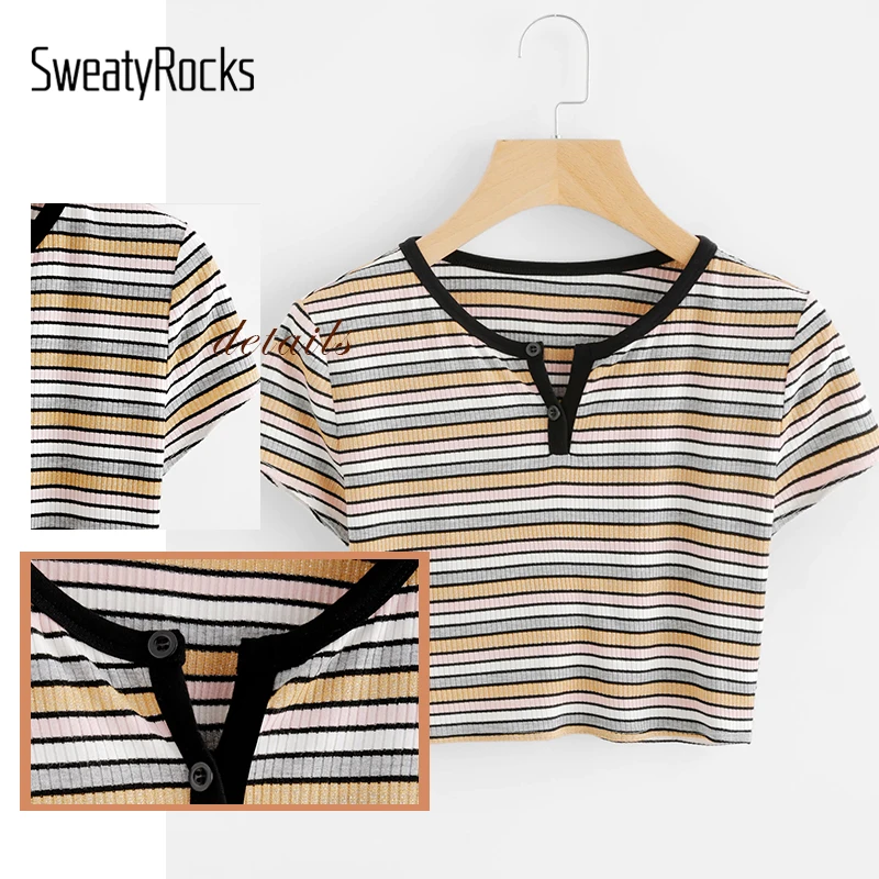 SweatyRocks полосатая ребристая горловина футболка с застежкой уличная Кнопка половина планка тонкие футболки спортивные Летние повседневные женские базовые футболки