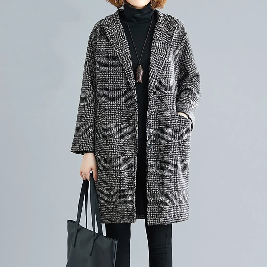 Plus Size M-2xl Woman Plaid Wool Blend Cape Coat Grey Tweed Long Sleeve Single Breasted Wool Overcoat Trench Coat Jacket#J30