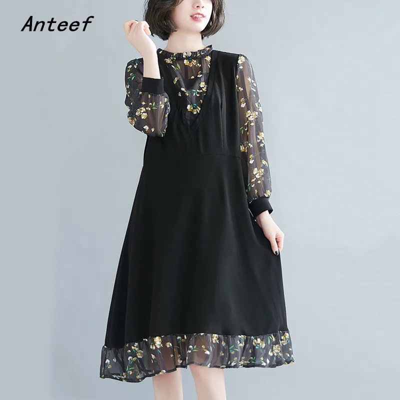 

Anteef black mesh vintage floral dresses for women casual loose midi spring autumn dress elegant clothing 2022