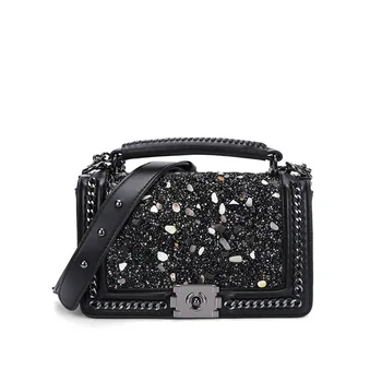 

2020 Women New Fashion PU Unique Shiny Diamonds Patchwork Pattern Handbag Shoulder Bag Crossbody with Chain Office Daily