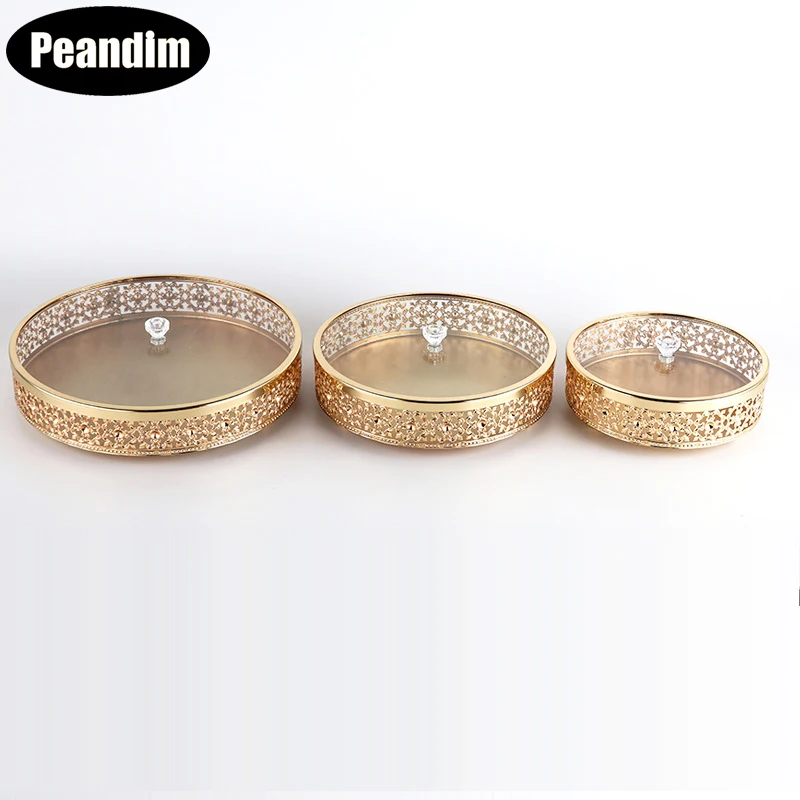 PEANDIM Metal Tray Luxury Gold Finish Hollow Plate Home Storage Round Kitchen Tool Wedding Centerpieces Table Decoration | Дом и сад