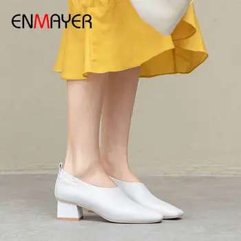 

ENMAYER 2020 High Heel Genuine Leather Elegant Women Shoes Elastic Band Wedding Shoes Square Heel Round Toe Women Pumps 34-40