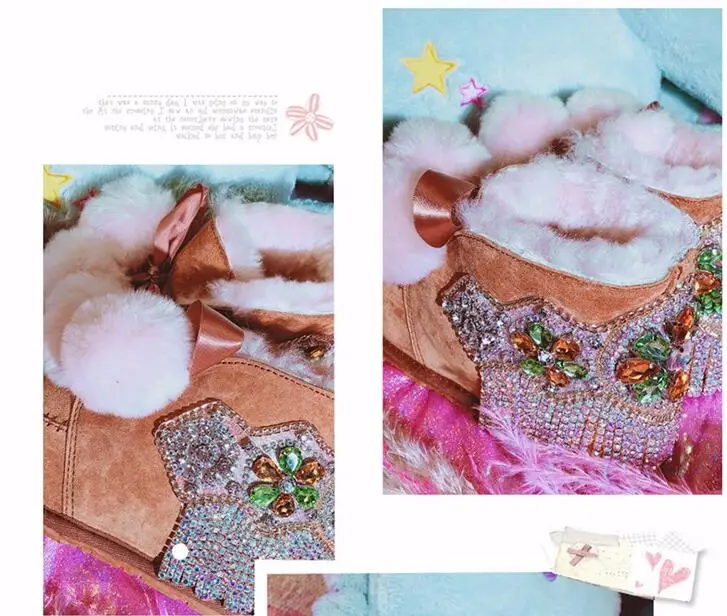 Women Shoes Woman Boots Snow Boots New Winter Handmade Rhinestones Gem Tassel Sheep Fur One Warm Thick Snow Boots X104
