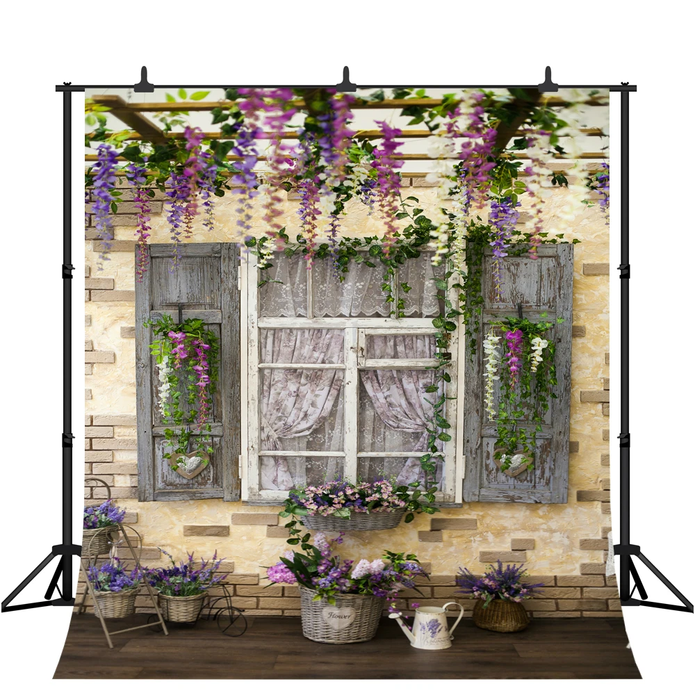 

Photography Backdrops Spring Courtyard Wistaria Flowers Wood Pergola Decorated Retro Window Photo Background Photocall