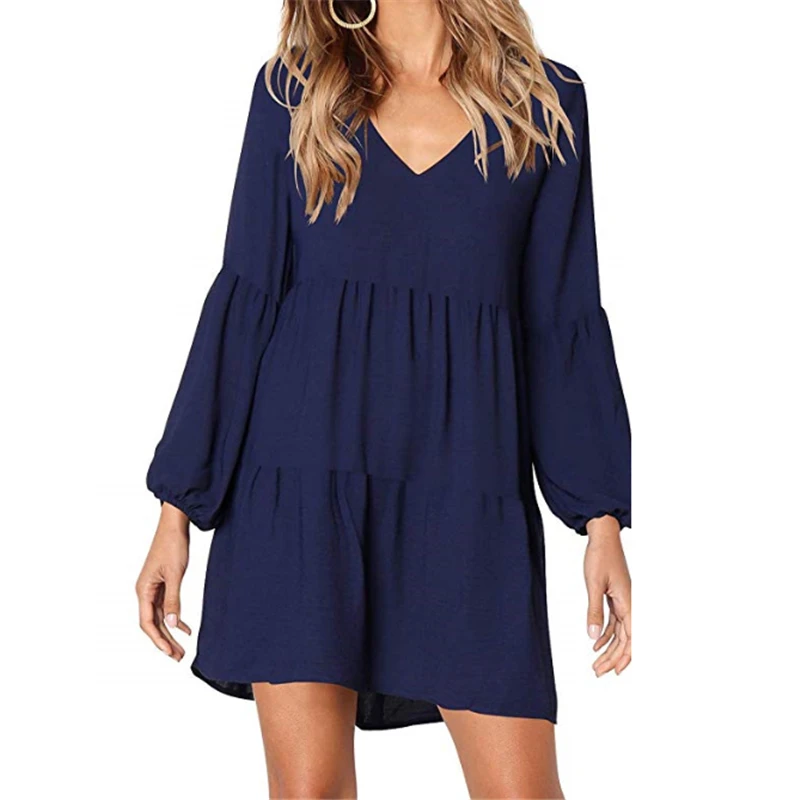 

Women's Long-sleeved Solid Color Dress Fall Puff Sleeve Layered Female Mid-length Dress Fashion Casual Office Lady Wear