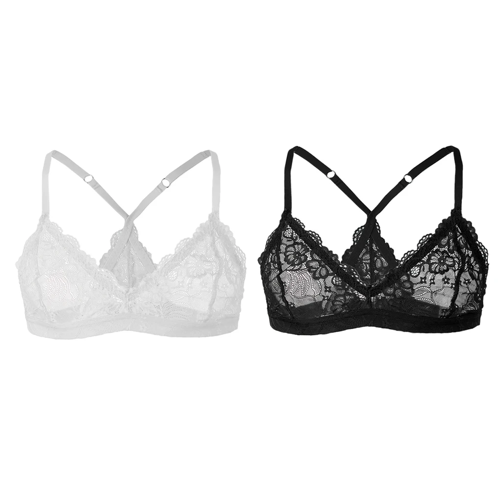 2Pcs Mens Sissy Lingerie Bralette Adjustable Shoulder Strap Lace Bra White+Black
