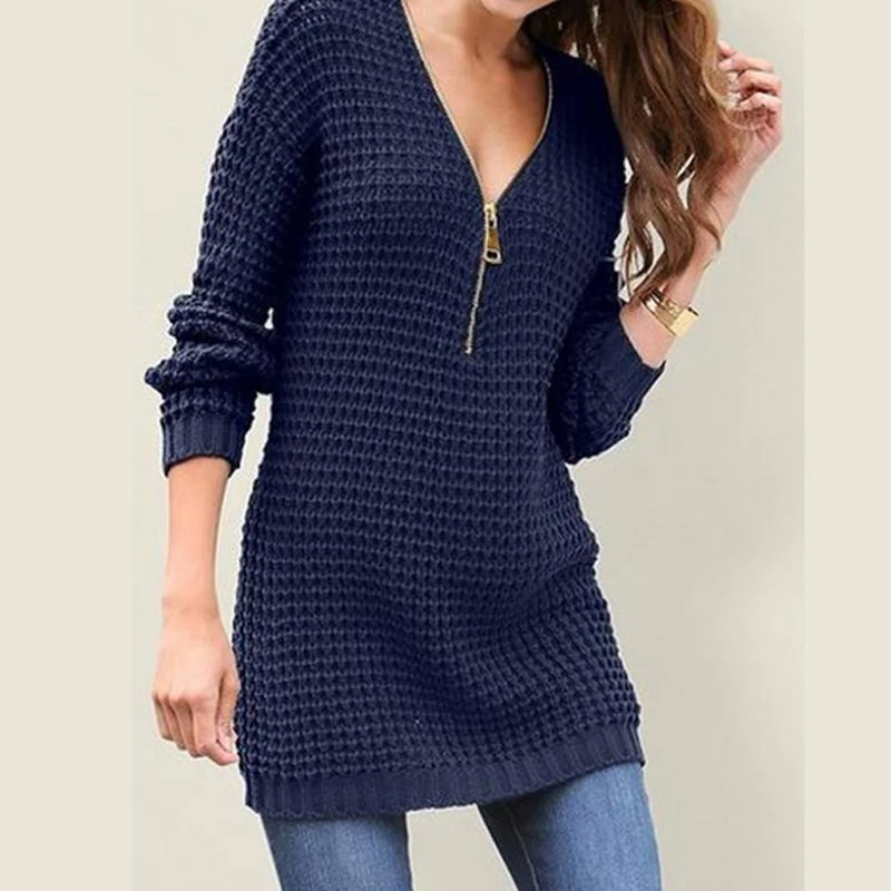 Women Causal Short Sweater Dress Knitting Women Dresses Long Sleeve Sweaters Dresses Zipper V-neck Sexy Knitted Dress