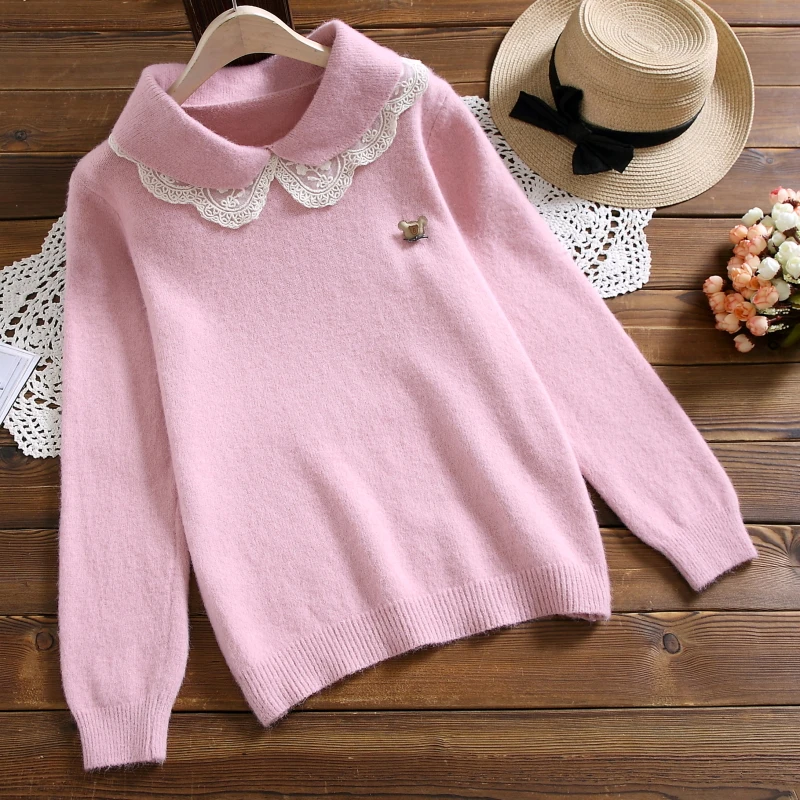 Autumn Winter Sweater Women Preppy Style Lace Patchwork Peter Pan Collar Kawaii Sweaters and Pullovers Knitted Jumpers Ladies | Женская