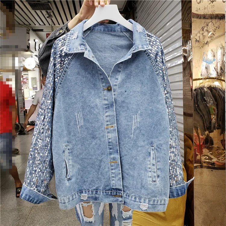 

Women's Streetwear New Sparkling Sequin Sleeves Spliced Loose Lapel Worn Wash Jeans Coat Denim Jacket Femme Spring Autumn