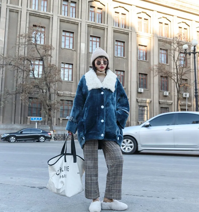 Новинка, модное пальто с овчьим меховым воротником, женские однобортные толстые пальто, корейские женские пальто с натуральным мехом, свободные куртки