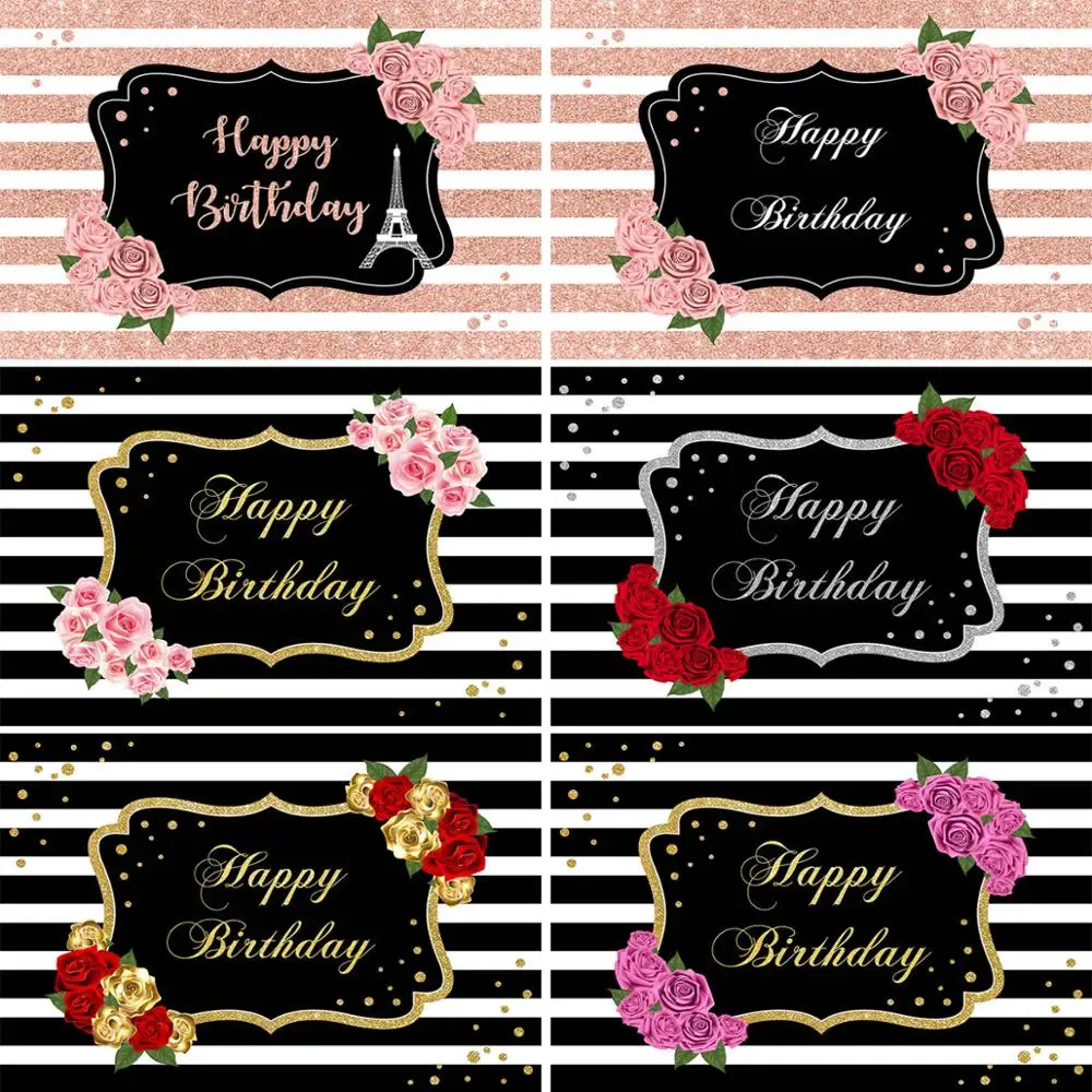 

Mocsicka Black White Stripes Birthday Backdrops Golden Dots Rose Flower Floral Adult Child Party Banner Background Photography