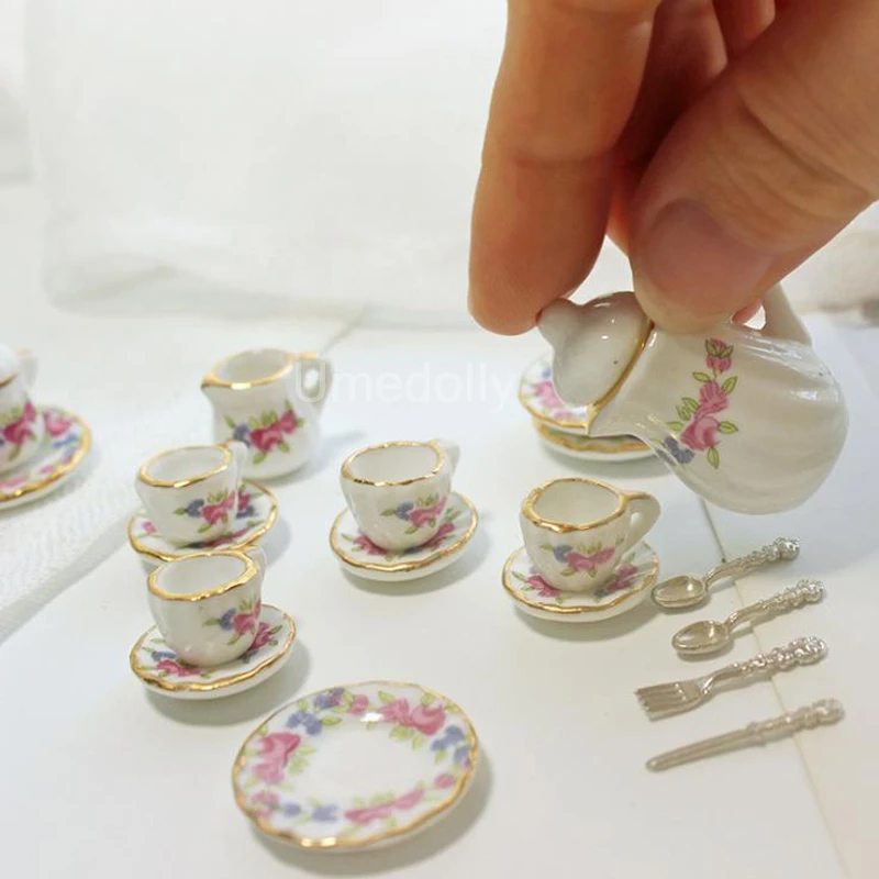 Dollhouse Miniature 1:12 Toy Kitchen Dining Room 15 pc Porcelaine Tea Set A6T9 