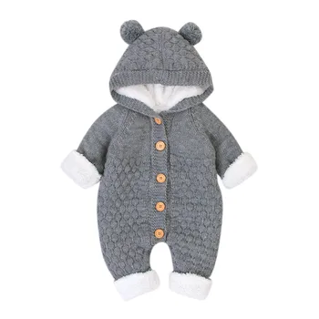 

Winter Newborn Infant Baby Boys Girls Solid Colors Plus Velvet Long Sleeve Warm Coat Knitted Outwear Hooded Romper Jumpsuit#g4