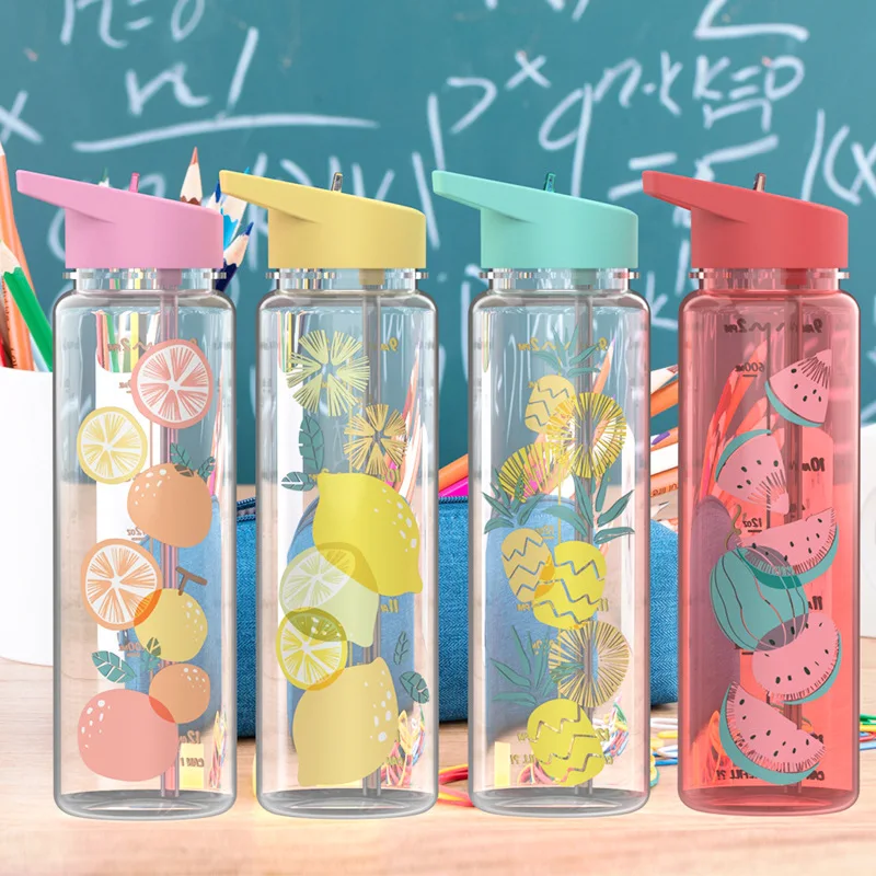 

750ml Water Bottle Hot Sales Plastic Sports Outdoor Straw Water Bottle With Capacity scale My Drink Juice Handle Kettle