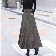 High Waist Woolen Skirts Womens Winter Streewear Wool Long Pleated Skirt With Belt Ladies Saia Longa Black DF942