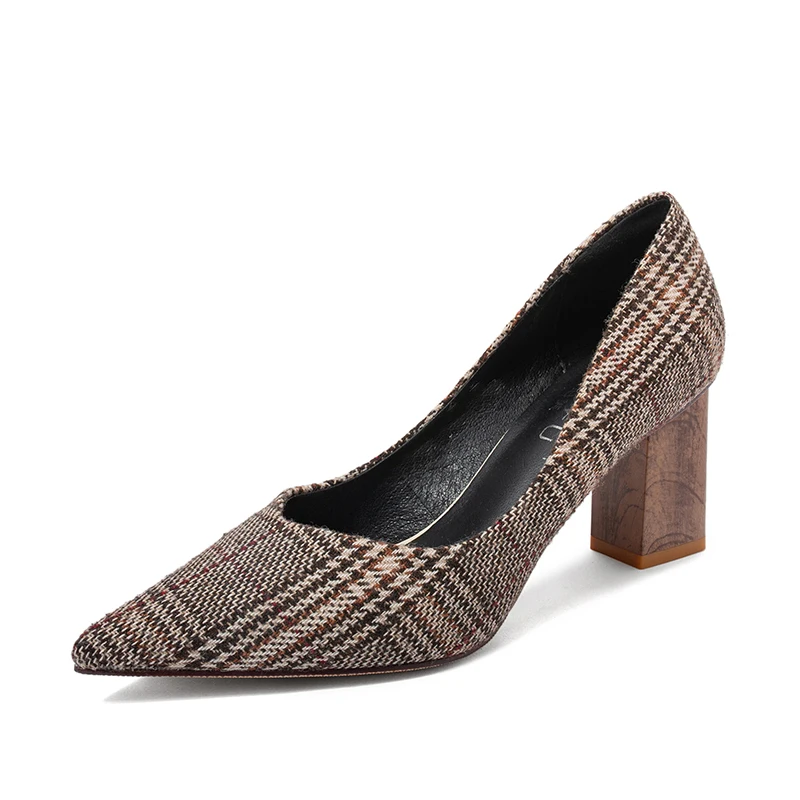 Толстом каблуке с узором «гусиная лапка» с закрытым носком; тонкие туфли Для женщин с заостренным носком, модные ботинки - Цвет: gray