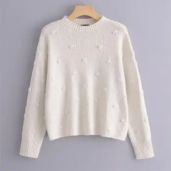 

Early spring 2020 women's new Polka Dot embellishment knitted top round neck loose long sleeve Pullover lazy Vintage sweater