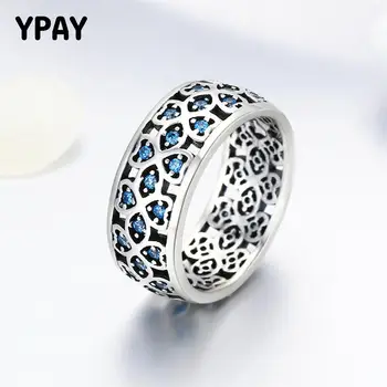 

YPAY Real 925 Sterling Silver Ring Ladies Sweet Clover Blue CZ Finger Rings for Women Engagement Fine Jewelry Gifts YMR139