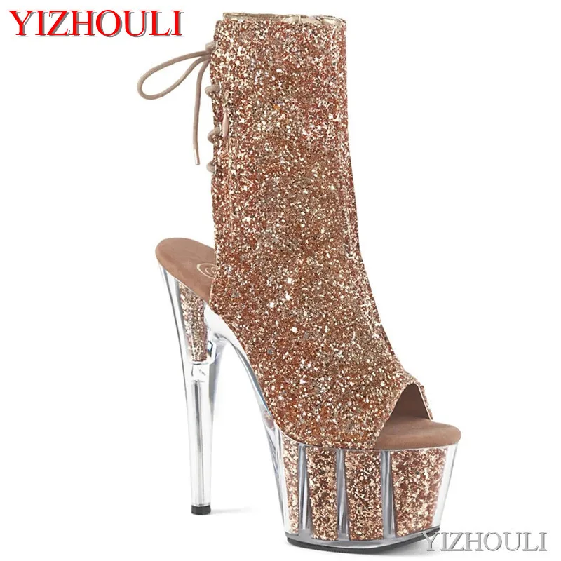 17cm see-through stiletto heels, sexy 7-inch ankle boots, peep-toe sequined vamp, party club, model pole dancing shoes