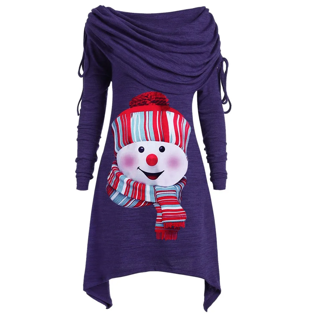 Женские топы и блузки, отложной воротник с бантом и рюшами, Рождественский длинный пуловер с принтом снеговика, туника, топ, blusas mujer de moda