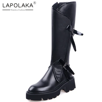 

Lapolaka Hot Sale 2020 Genuine Leather Knee High Boots Woman Shoes Zipper Chunky Heels Comfy Riding Boots Motorcycle Boot