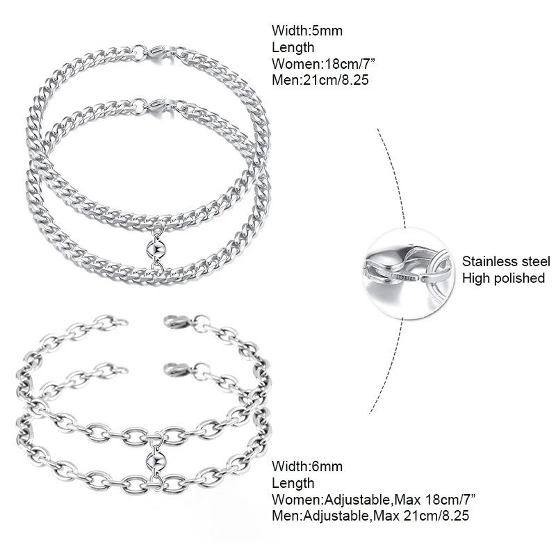 Vnox Attractive Charm Couple Bracelets for Women Men,Never Fade Stainless Steel Cuban Rolo Chain,Adjustable Xmas Lover Gift