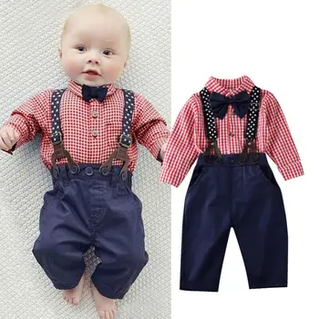 

2pcs/Set Kids Boy Gentleman Formal Clothes Plaid Bowknot T-shirt Top+Long Pants Outfit SET CANIS