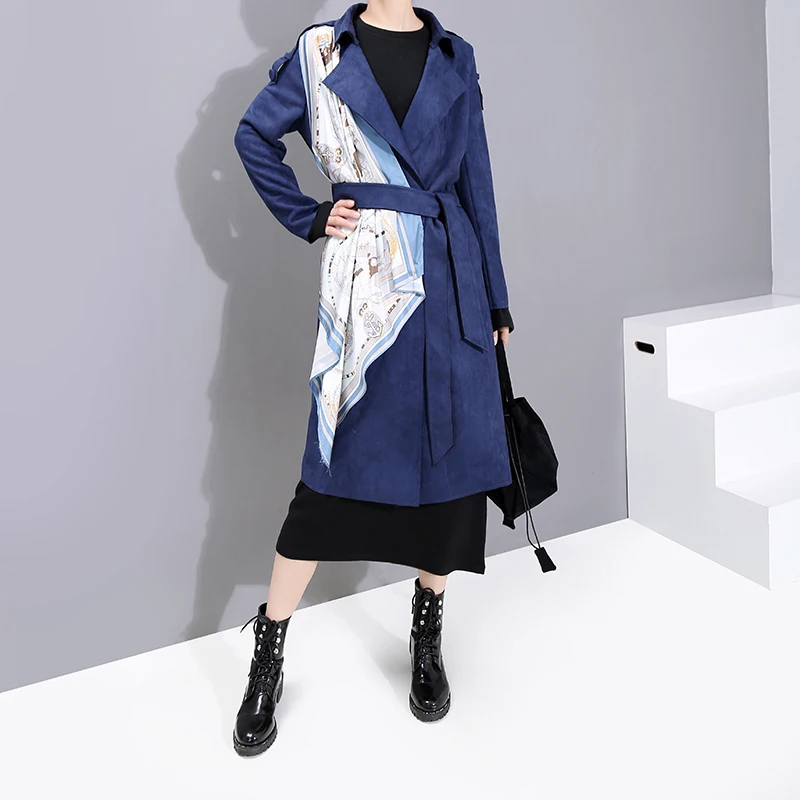 Женский синий Тренч в английском стиле Зимняя мода с поясом шарфы соединены дамы стильный длинный жакет пальто 5776