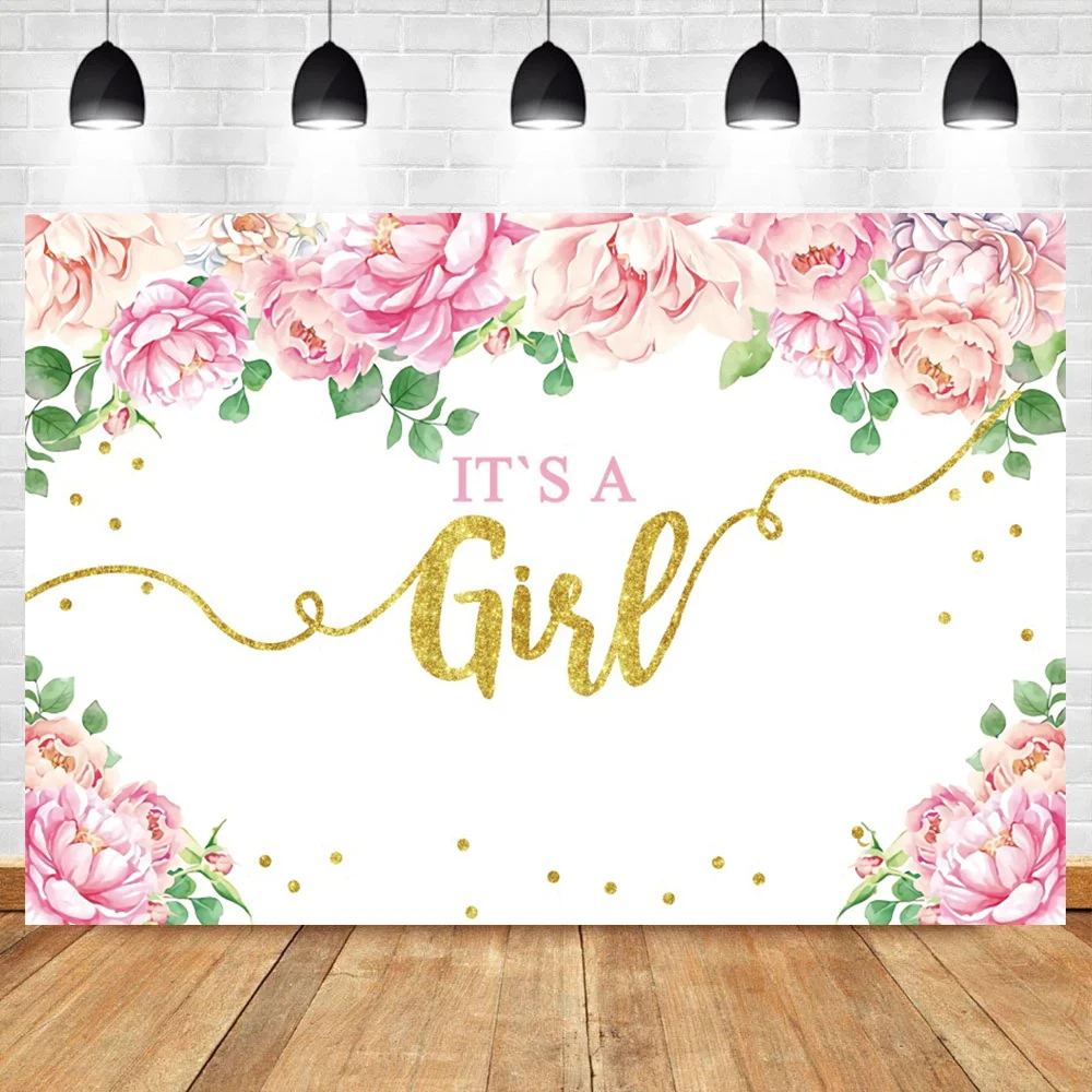 

Laeacco Baby Shower Girl's Birthday Party Backdrop For Photography Flower Gold Polka Dots Customized Poster Photocall Background