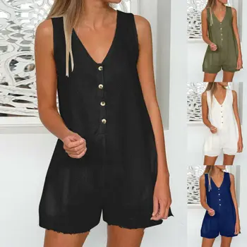 

2019 Newest Hot Sexy Women V-neckline Romper Sleeveless Casual Pocket Button T-shirts Jumpsuits