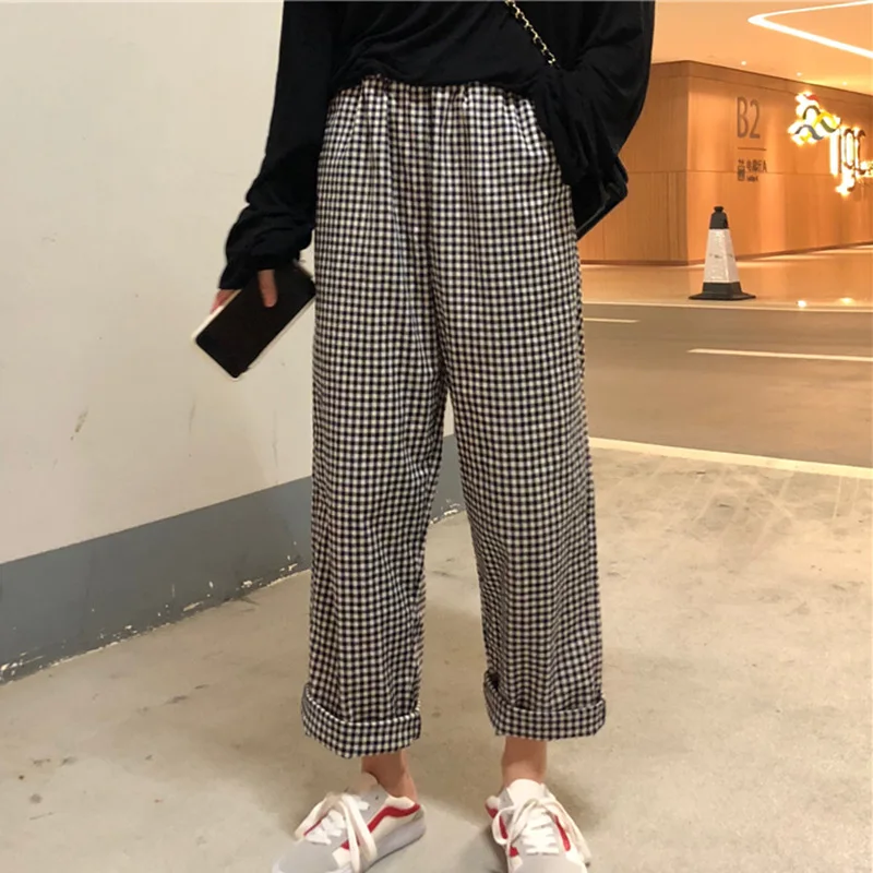 

Retro Plaid Wide-Leg Long Pants Autumn Clothing Women's 2019 New Style Hong Kong Flavor High-waisted Loose-Fit Straight-leg Pant