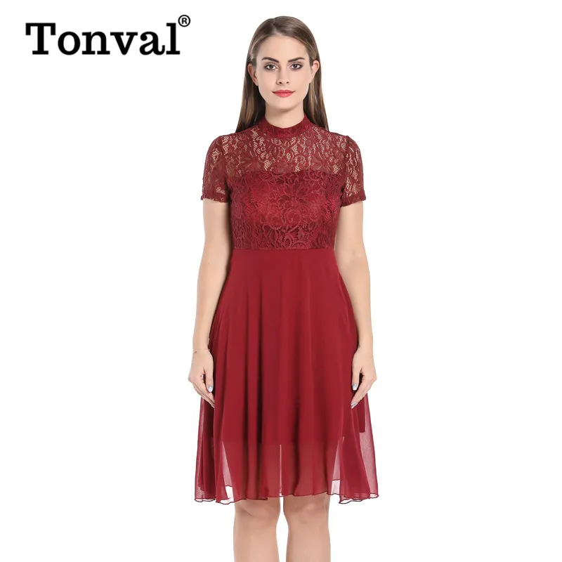 Tonval, Ретро стиль, ложный вырез, цветочное кружево, а-силуэт, шифоновое, элегантные, вечерние, свинг, платье для женщин, бургундское платье, короткий рукав, летние платья