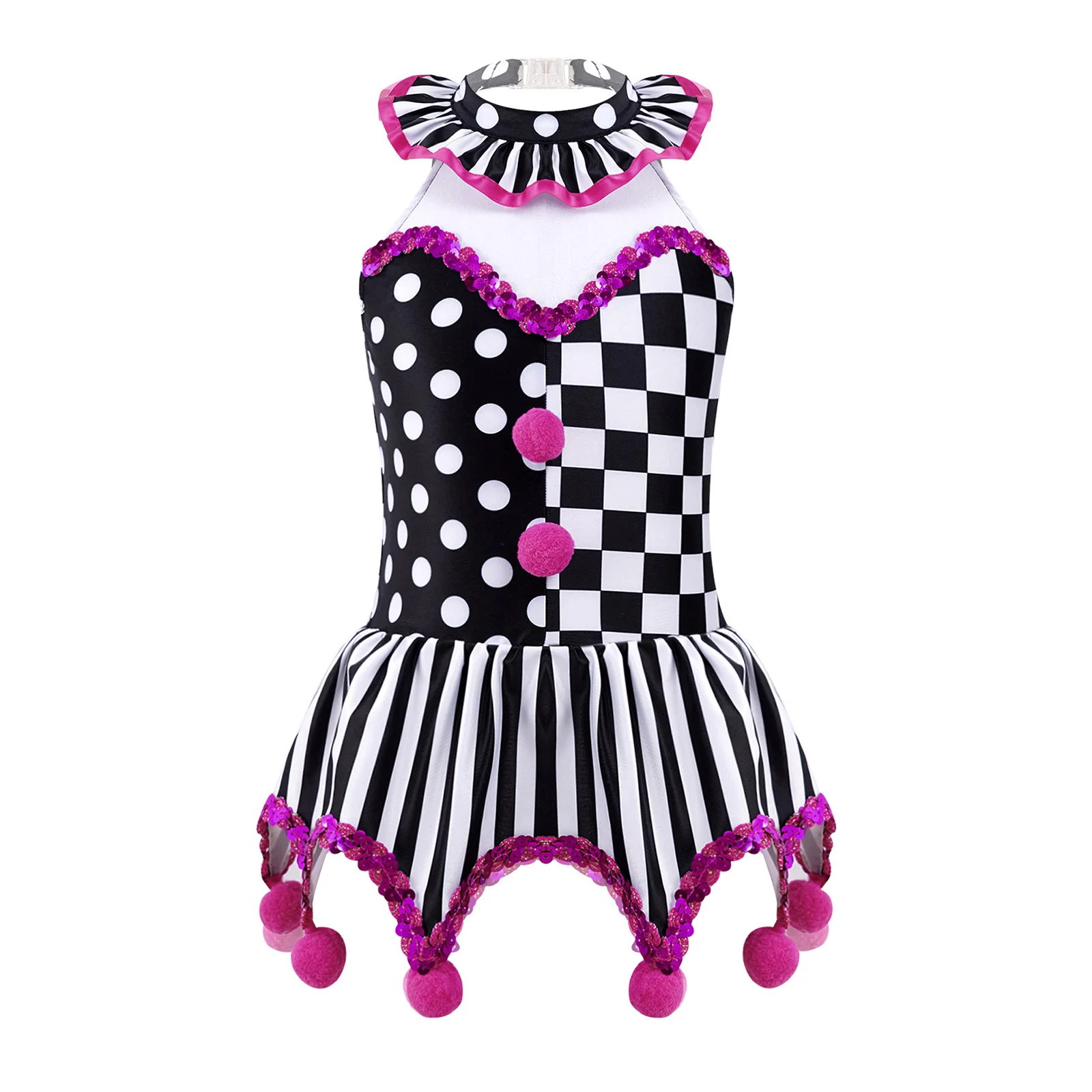 

Kids Girls Circus Clown Costume Halloween Carnival Theme Party Cosplay Sleeveless Tutu Dress Black And White Grid Leotard Dress