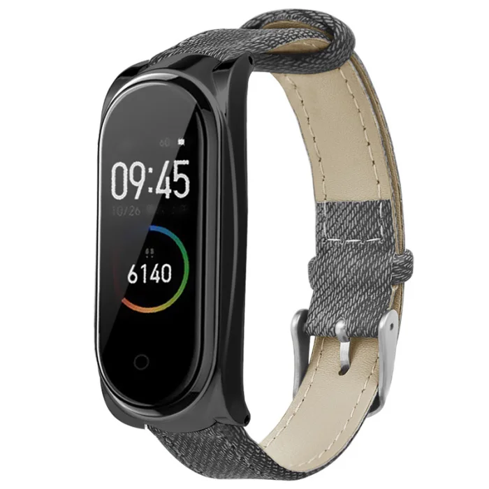 Джинсовый кожаный ремешок с металлическим чехлом для часов Xiaomi Mi Band 4 OUJ99