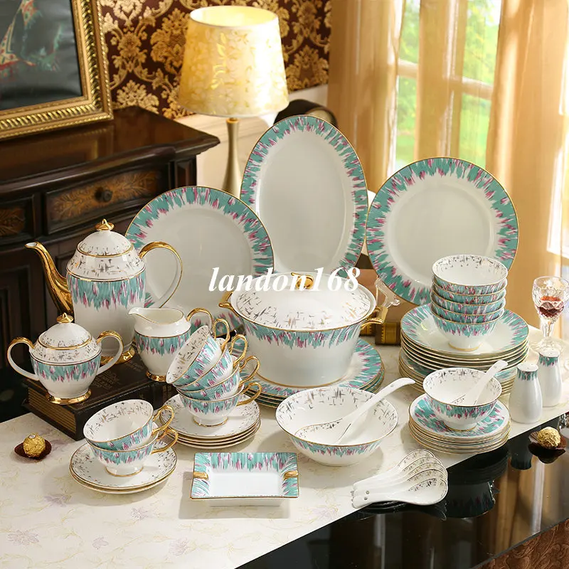 Роскошный Золотой обод набор посуды 58 шт. керамический западный стиль набор посуды фарфор зеленые кофейные наборы тарелки набор подарок - Цвет: 58pcs