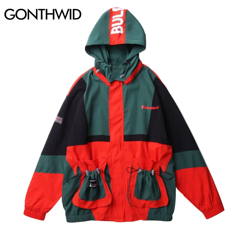 

GONTHWID Vintage Multi Pockets Color Block Patchwork Zip Up Windbreaker Hooded Track Jackets Streetwear Hip Hop Casual Coat Tops