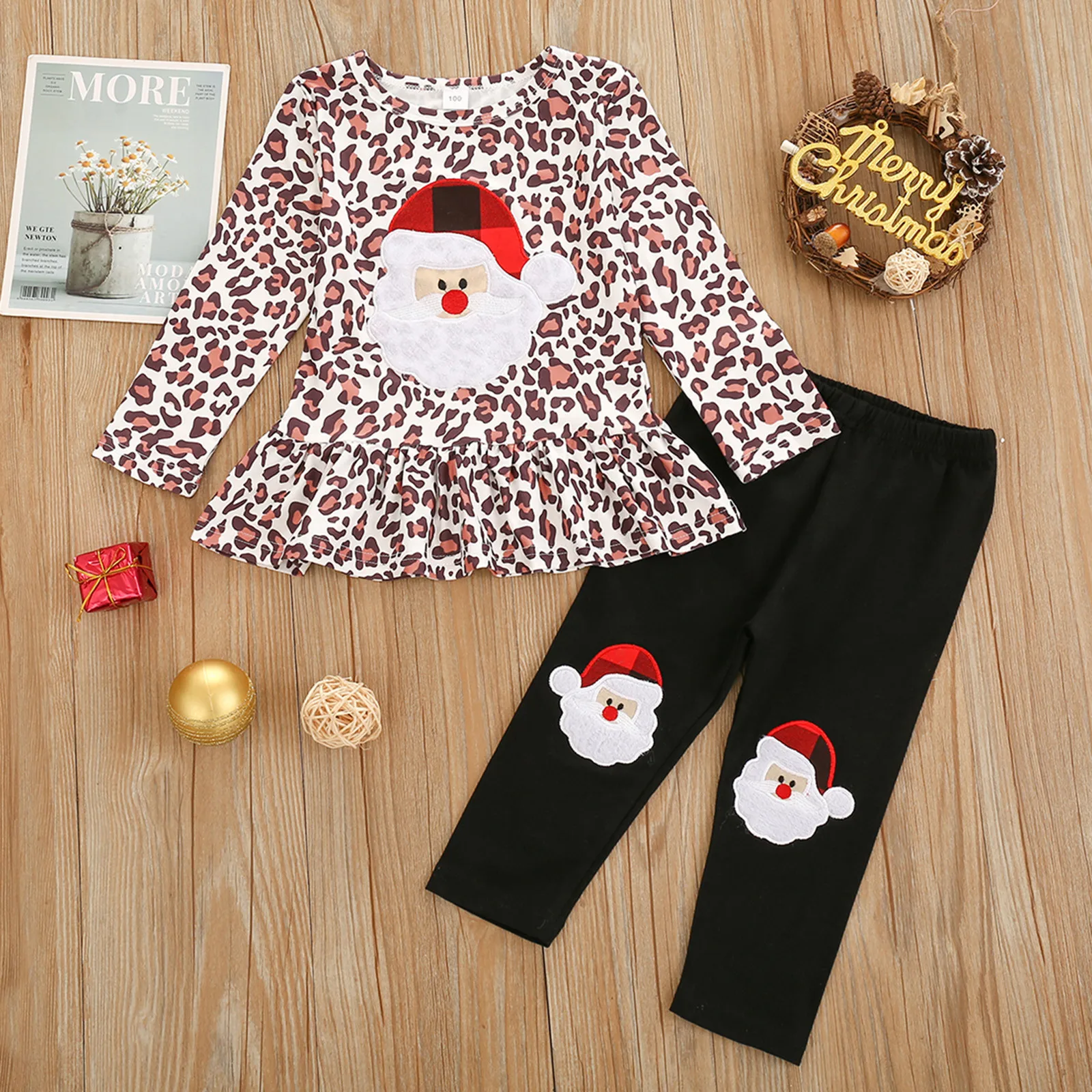 

Toddler Baby Kids Girls Christmas Set Leopard Print Tops Pants Trousers Outfits Santa Claus print Leopard print ruffle top M5