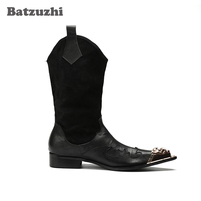 Batzuzhi/ковбойские Мужские ботинки в ковбойском стиле мужские кожаные ботинки до середины икры черные мотоботы с острым носком и металлическим носком мужские ботинки
