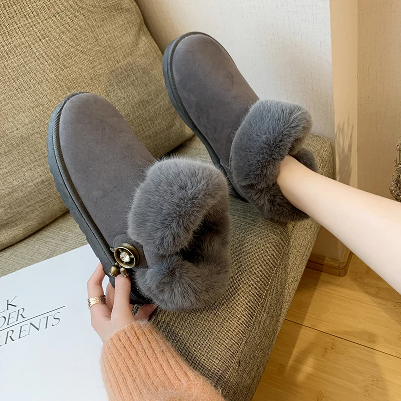 

Winter Snow Boots Women Shoes Woman Outdoor Fur Warm Sweet Flock Slip-on Woolen Ankle Boot Solid Rhinestone Casual Boots Female
