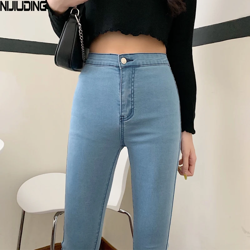 NIJIUDING Women Stretch High Waist Jeans Autumn Skinny Trousers Woman Black Blue Gray Washed Pencil Pants Elastic Denim | Женская одежда