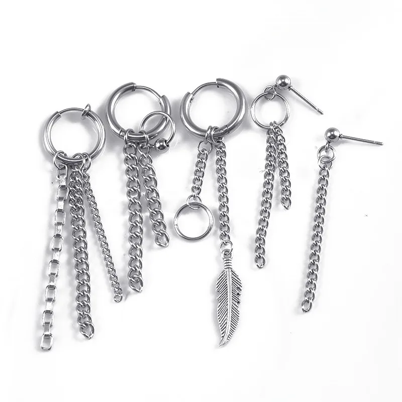 

1PC Single Punk Cool Titanium Steel Feather Tassel Stud Earrings for Men Hip Hop Rock Jewelry Drop Shipping Silver