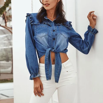 

Foridol Vintage Denim Blouse shirt Elegant Blouse Tops Women Autumn Winter Jeans Ruffle Crop Top Blouses Fashion 2019 New