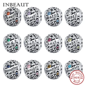 

INBEAUT Original Birth Charms fit Pandora Bracelet 925 Sterling Silver Birthday Stone Beads Month Date Letter Pendant Jewelry