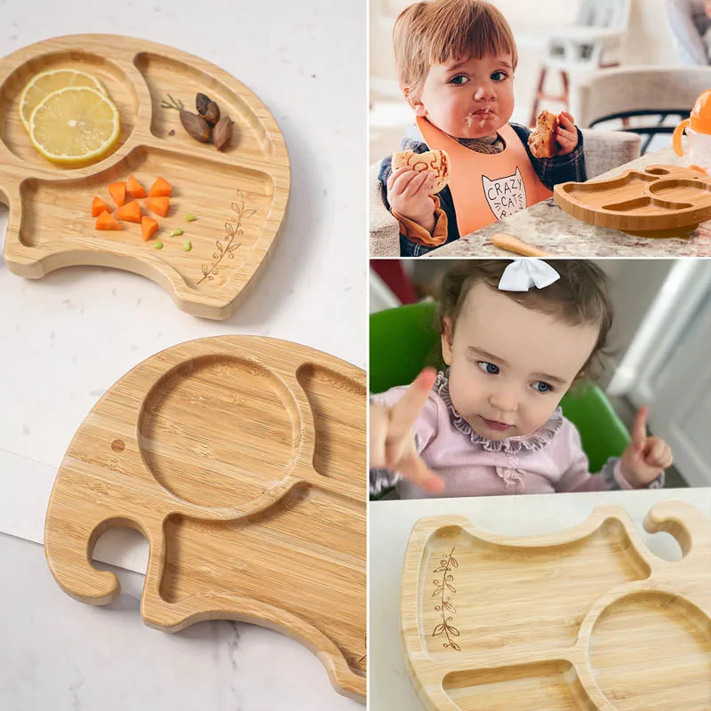 1PC Bamboo Wooden Dinnerware Baby Feeding Accessories Cartoon Animals Elephant Dinner Plate With Sucker Baby Products Gifts baby tableware set,divided dinner plate