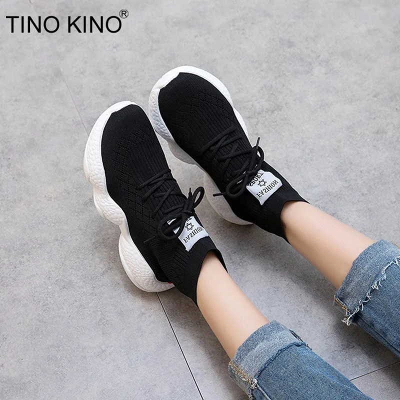 

TINO KINO Women Flat Platform Stretch Knitting Autumn Ankle Boots Ladies Sock Shoes Slip On Casual Lace Up New Female Sneakers
